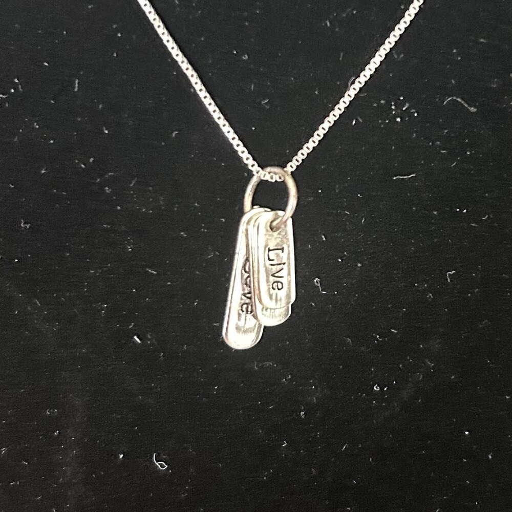 925 Sterling Silver Live Laugh Love Triple Tag Pendant Necklace Box Chain 18in